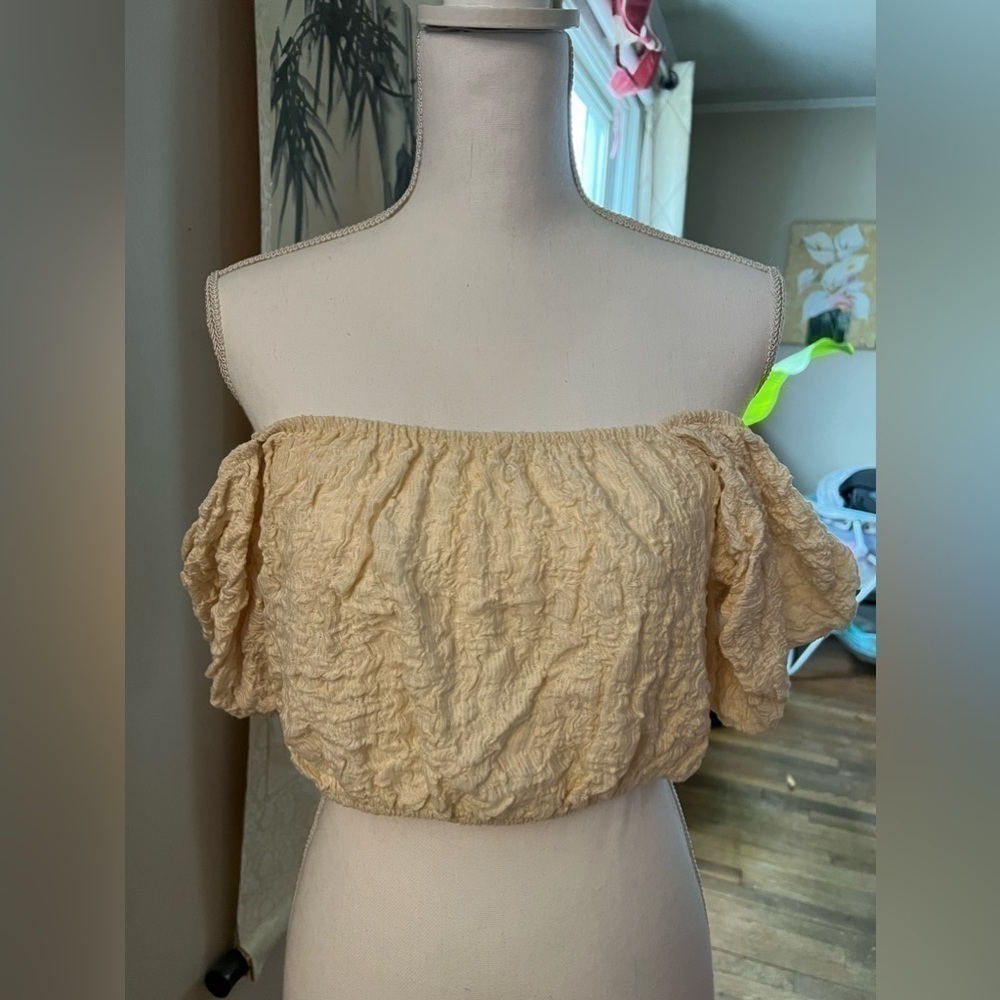 Zara Cotton Blend Gauzy Textured Square Neck Puff Sleeves Crop Top Cream L - Picture 12 of 17
